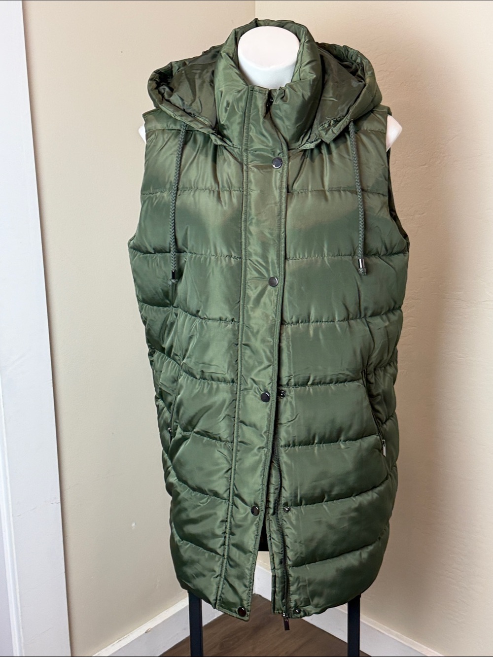 Womens Quilted Hooded Puffer Vest in Olive Green